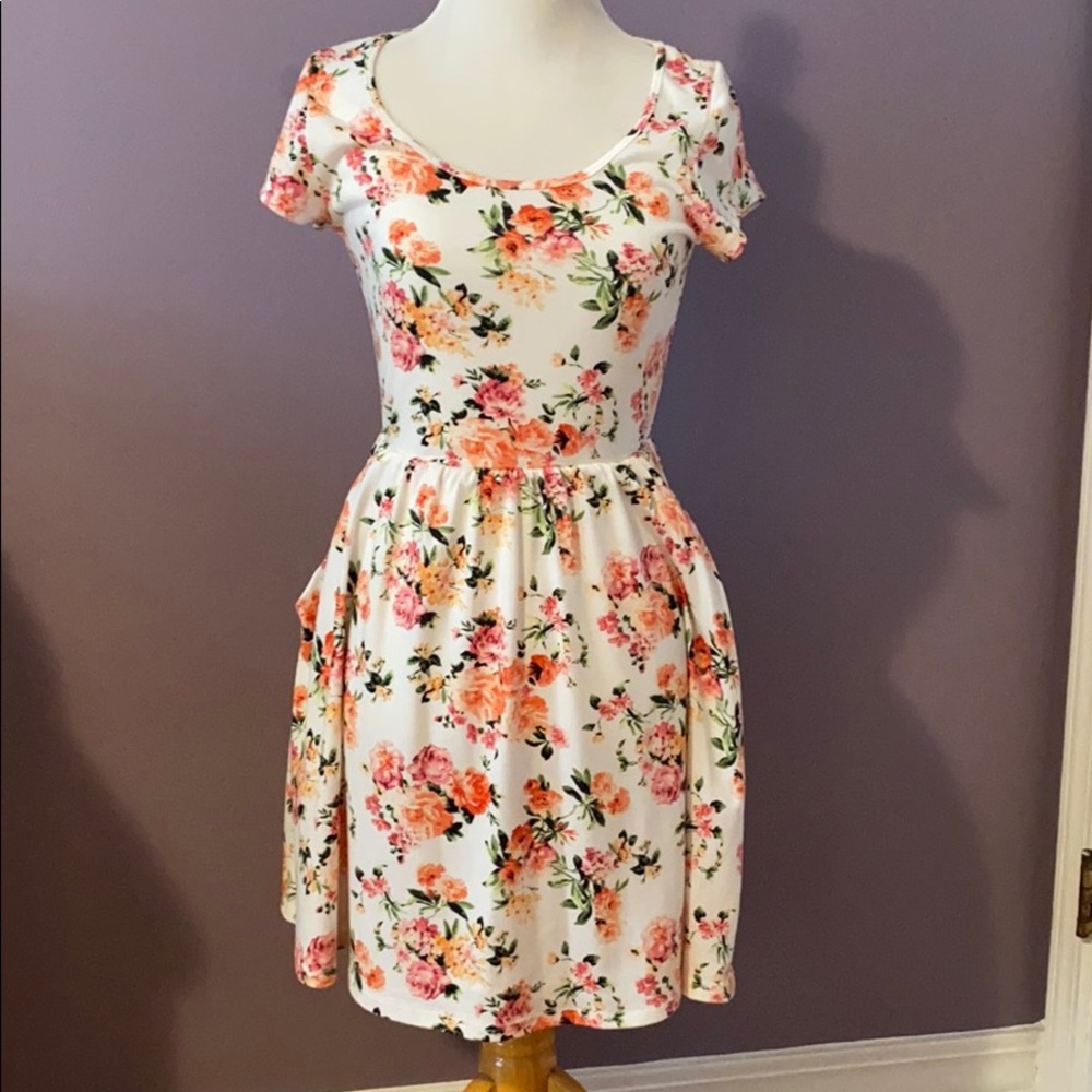 white and pink floral dress